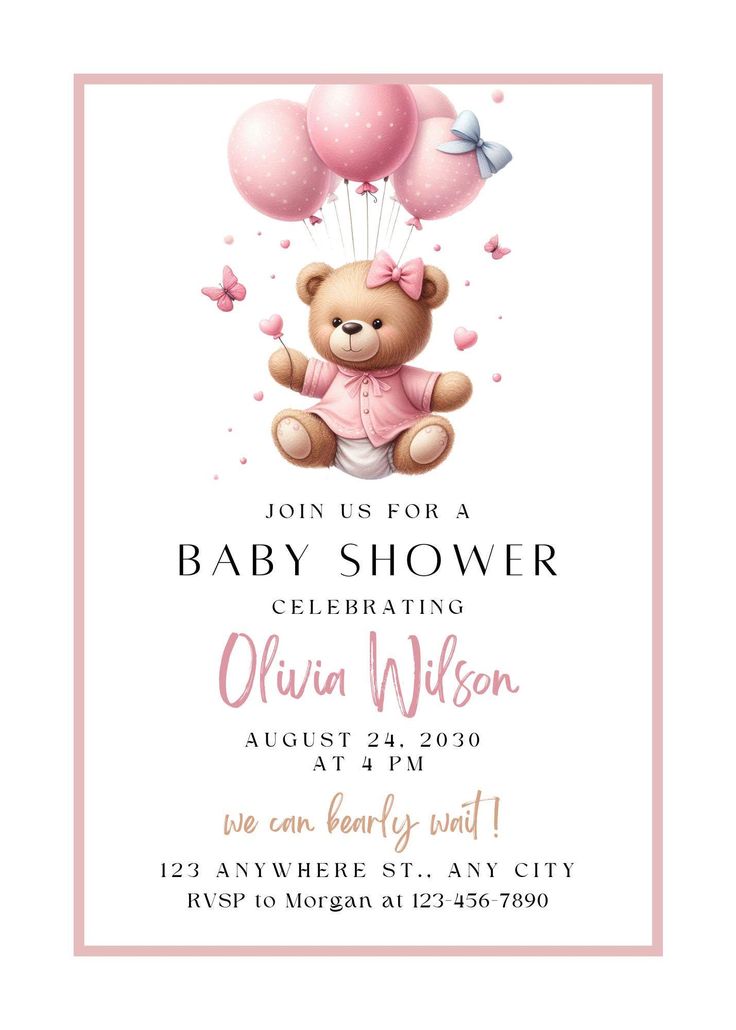 a baby shower with a teddy bear and balloons on the front, in pink tones