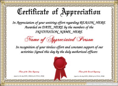 an award certificate with a red ribbon around it's neck and the words, appreciation of appreciation