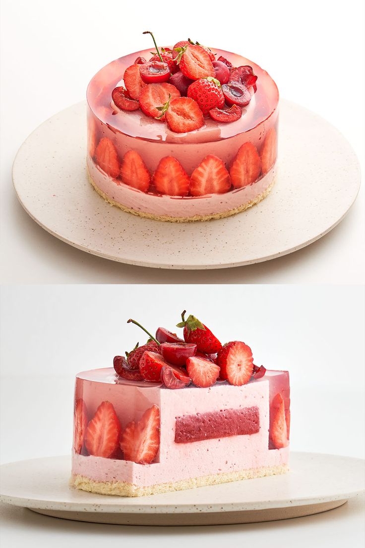 two pictures of a strawberry cheesecake with strawberries on top, and the same cake