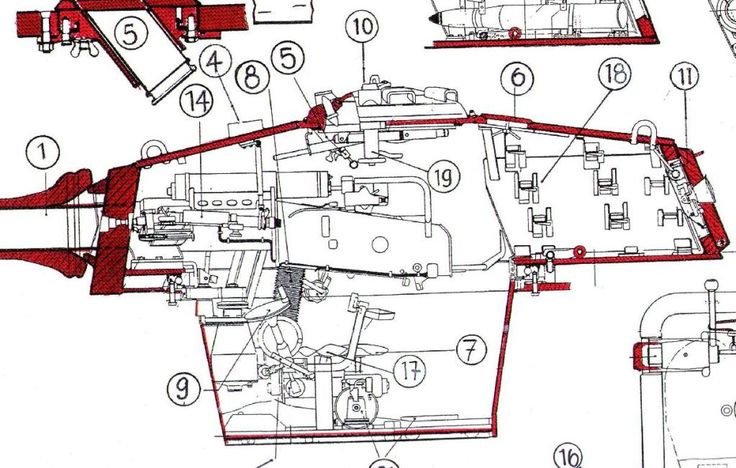 an image of a diagram of the engine and parts for a vehicle that is red