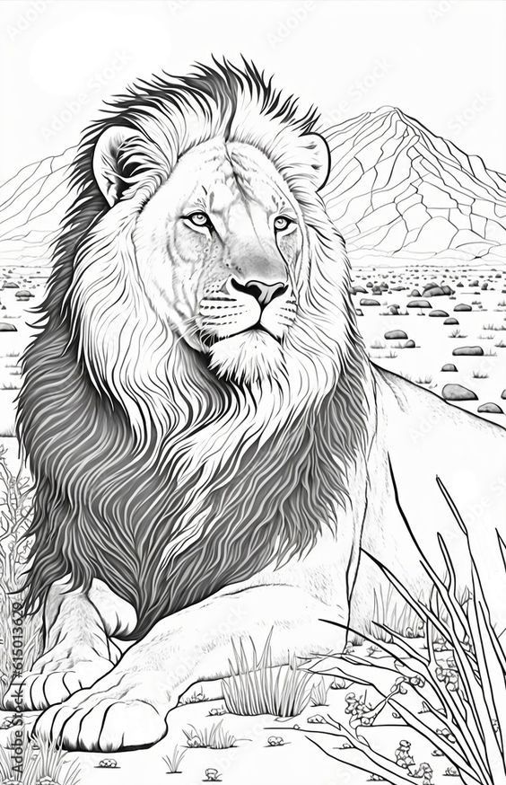 a black and white drawing of a lion sitting in the grass with mountains in the background