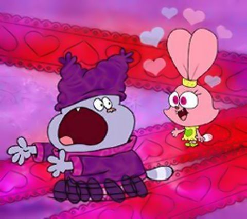 two cartoon characters with hearts in the background