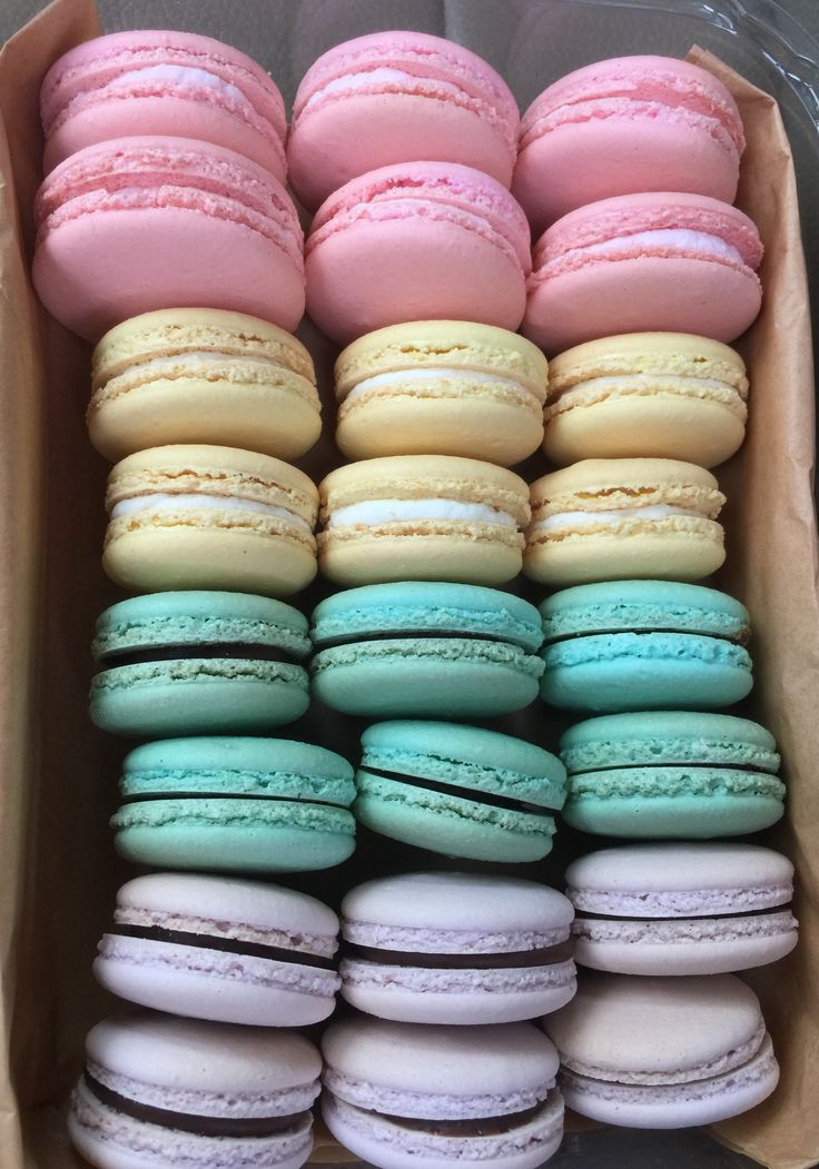 a box filled with lots of different colored macaroons