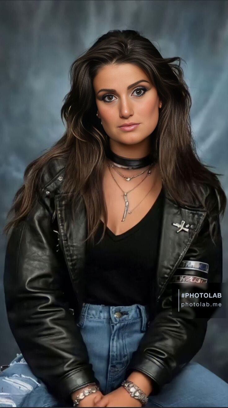 a woman with long hair wearing a black shirt and leather jacket is posing for a photo