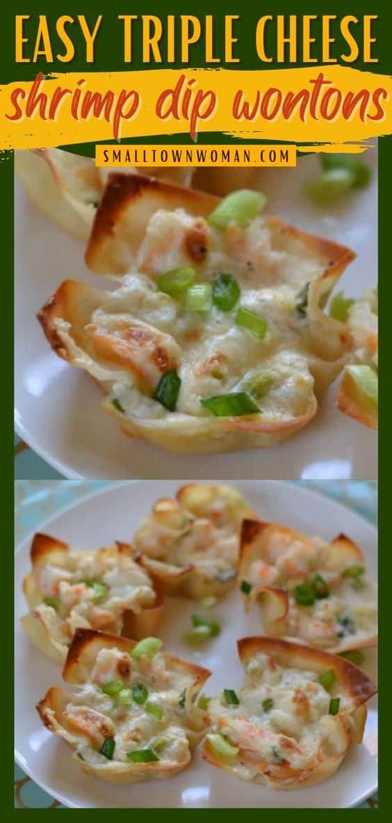 two plates filled with shrimp dip wontons on top of a blue and white table cloth