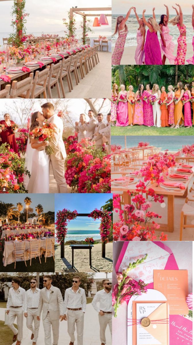 a collage of photos with pink and orange flowers on the table, bride and groom