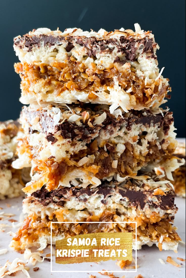 some kind of dessert that is stacked on top of each other with the words, samoa rice krispie treats