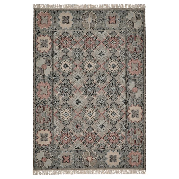 a gray rug with red and blue accents