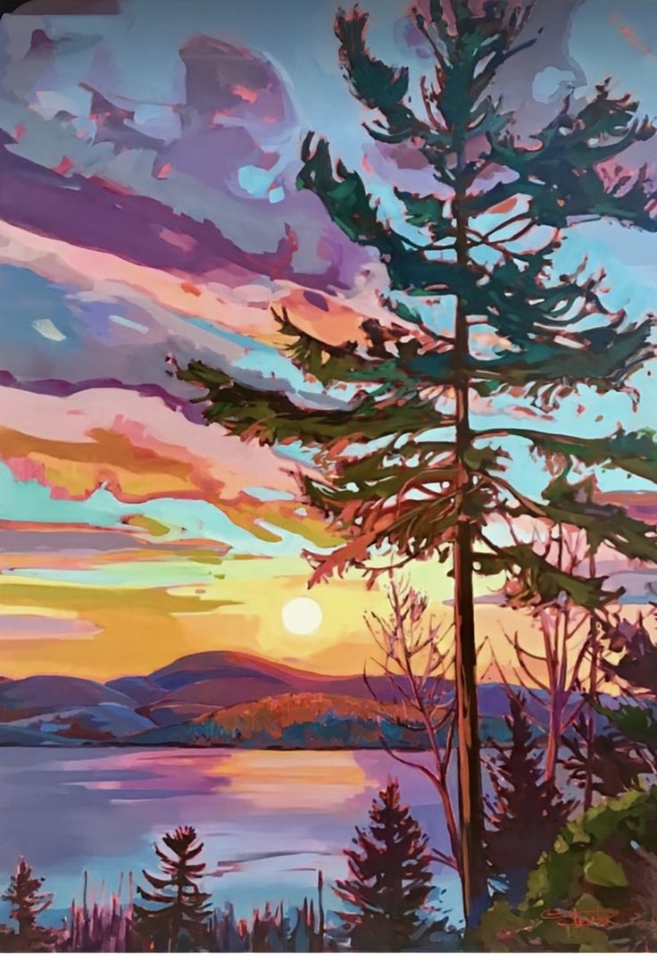 a painting of trees and water at sunset