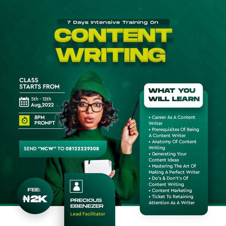 a flyer for a class on content writing with an image of a woman holding a pen