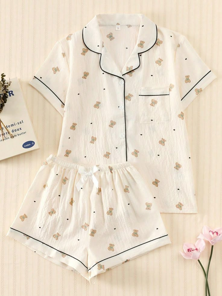 2pcs/Set Women's Teddy Bear Printed Summer Pajama Set, Short Sleeve Button-Down Shirt And Shorts, Casual Loungewear For Summer. Apricot Casual-Young  Short Sleeve Woven Fabric Animal,Plants,All Over Print Short Sets Slight Stretch All Women Sleep & Lounge, size features are:Bust: ,Length: ,Sleeve Length: Cute Pajama Outfits, Silk Pjs, Summer Pajama Set, Cute Pjs, Cute Sleepwear, Cute Pajama Sets, Pajama Outfits, Aesthetic Dress, Summer Pajamas