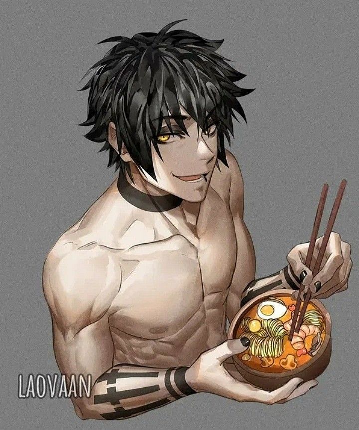 an anime character holding a bowl and chopsticks in his right hand, while looking at the camera