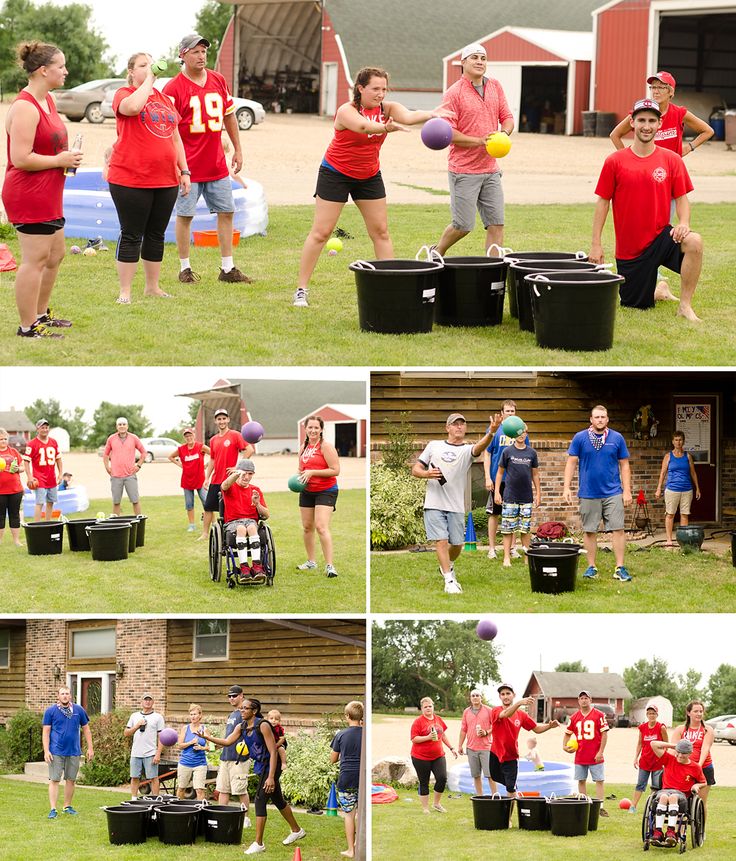 several pictures of people playing with balls in the grass and throwing them around at an outdoor event