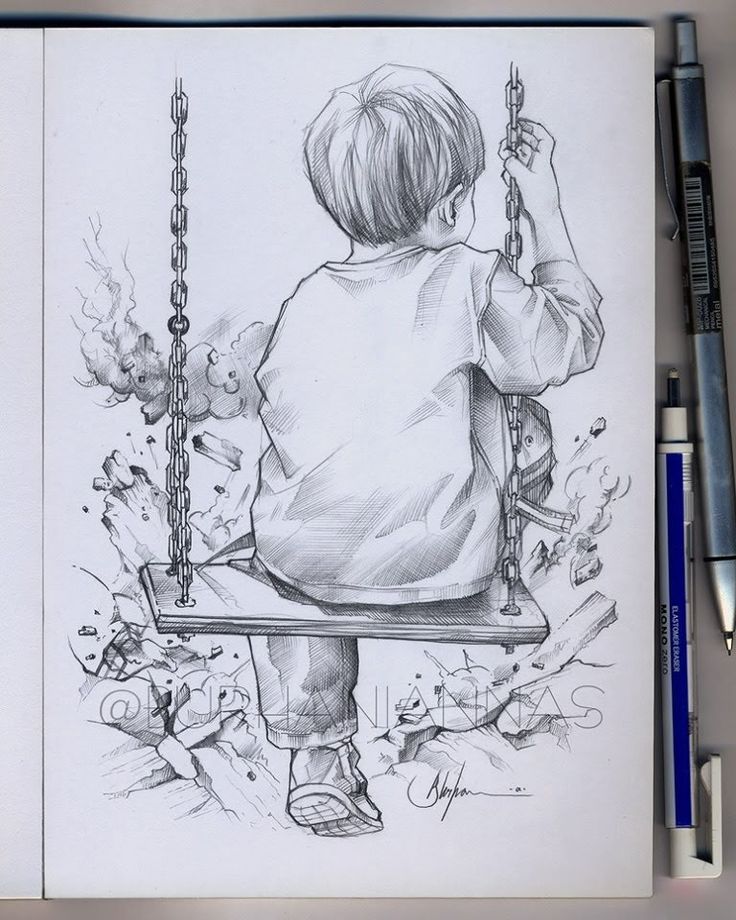 a drawing of a boy sitting on a swing