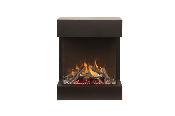 an electric fireplace with flames on the sides and logs in the bottom section, against a white background