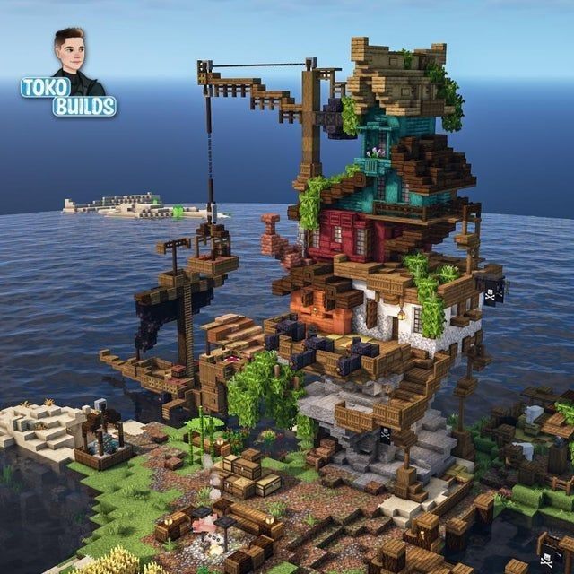 Minecraft Pirate Cove Ideas, Minecraft Raft Base, Pirate Cave Minecraft, Small Mangrove House Minecraft, Minecraft Kraken Build, Minecraft Pirate Ship House, Minecraft Ocean Base Ideas, Pirate Town Minecraft, Minecraft Ship House