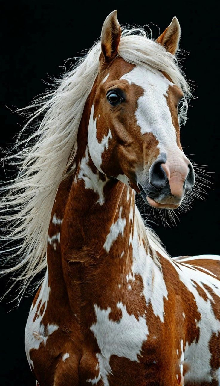 a brown and white horse with long hair standing in front of a black background looking at the camera