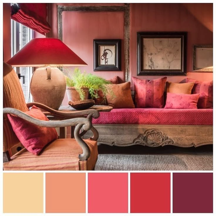 a living room filled with furniture and lots of color swatches in shades of pink