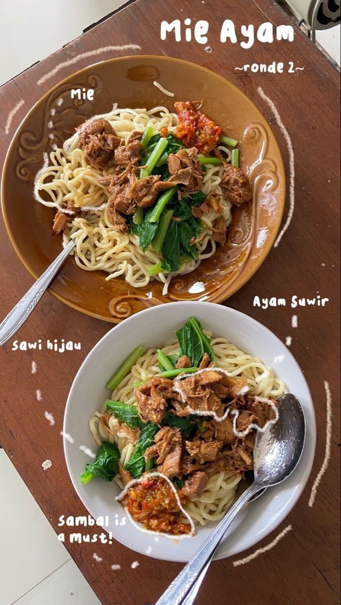 two plates with noodles and meat on them