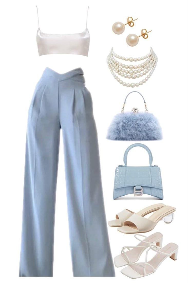 How To Style White Heeled Sandals, Dress Pants And Heels, Pearl Earring Outfit, Rich Mom Outfits Summer, Heels For Blue Dress, Outfits With Blue Bag, Blue Outfit Board, Blue Classy Outfits, White Mini Heels