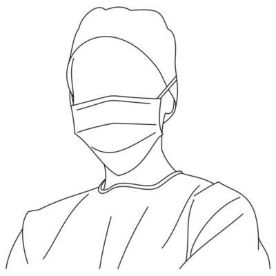 a line drawing of a man wearing a surgical mask