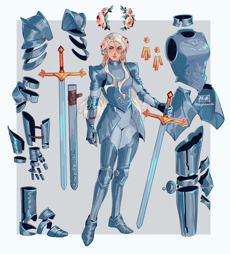 an image of a woman with swords and armor