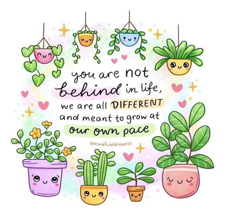 some potted plants with the words you are not behind in life we are all different and meant to grow at our own place