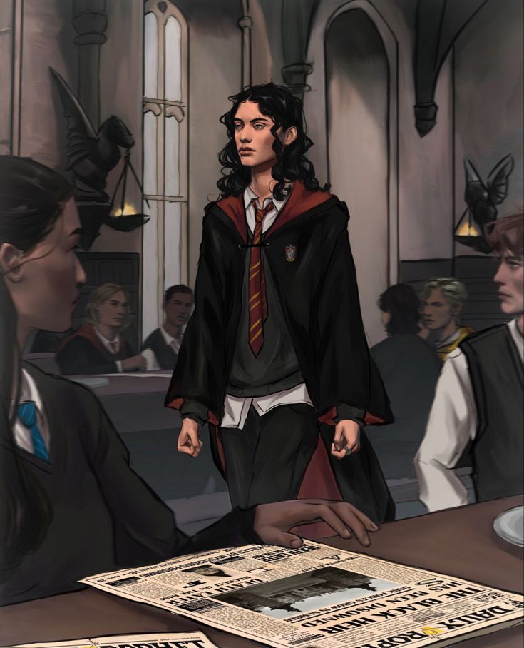 an image of a harry potter character in front of some people at a table with newspapers