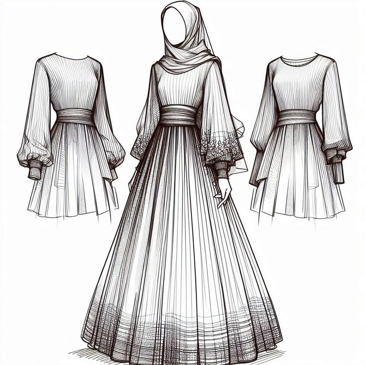 How To Draw Abaya, Anarkali Flat Sketch, Abaya Drawing Sketches, Abaya Pattern Sewing, Abaya Sketch Design, Abaya Technical Drawing, Bride Fashion Illustration, Abaya Pattern, Tech Pack