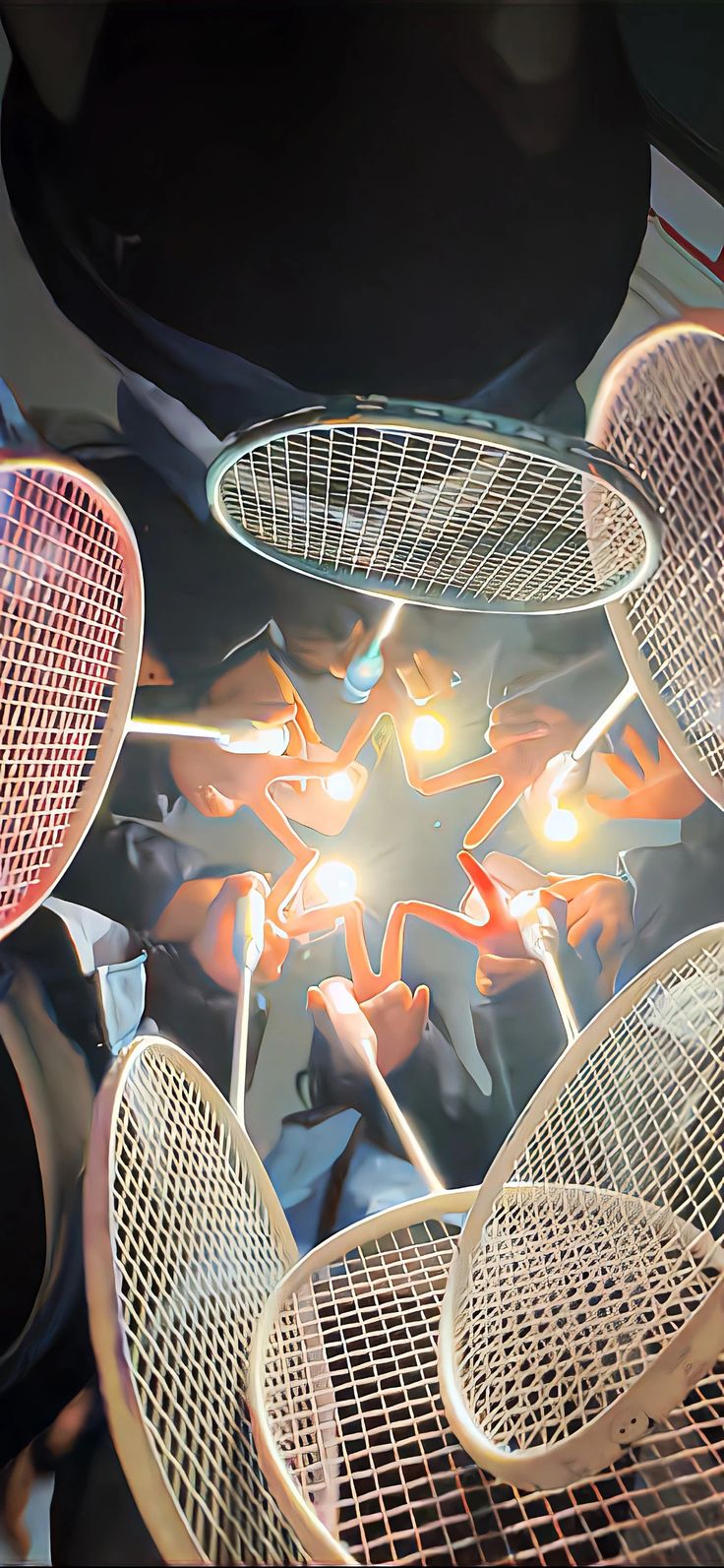 several tennis racquets are being held up by strings in an artistic way