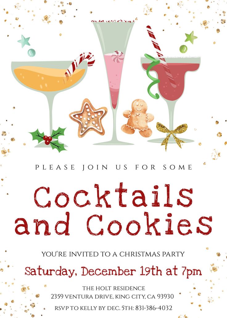 a christmas party flyer with cocktails and cookies on it, including two drinks in glasses