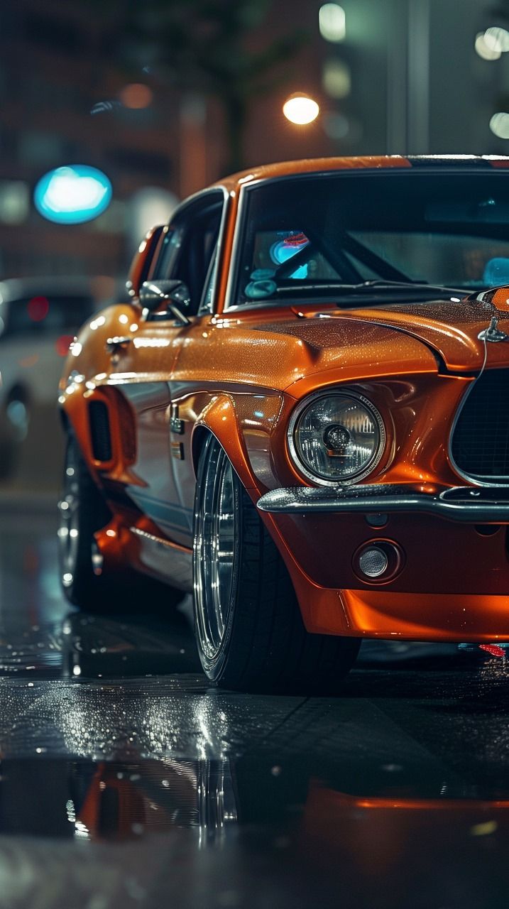 an orange muscle car parked in front of a building at night with its lights on