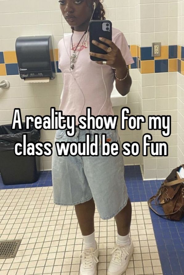 a woman taking a selfie in the bathroom with headphones on, and text that reads