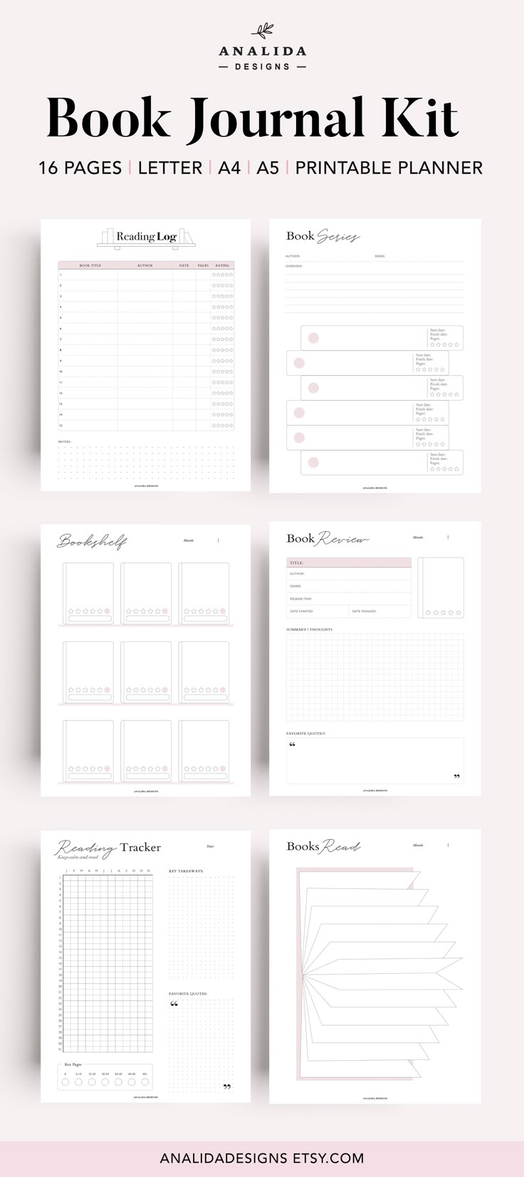 the printable book journal kit is shown in four different sizes, including two pages and one