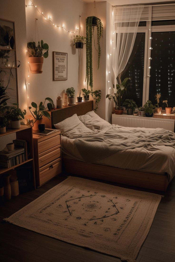 a bed room with a neatly made bed and lots of plants on the windowsill