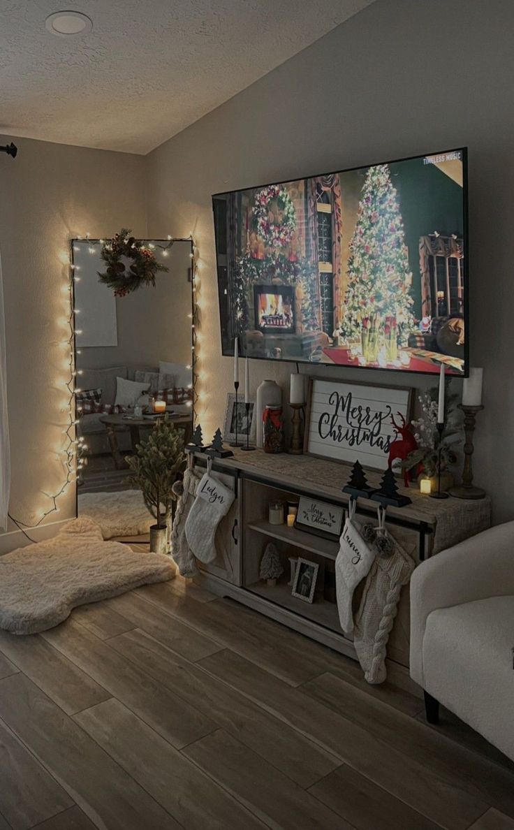 a living room filled with furniture and christmas decorations