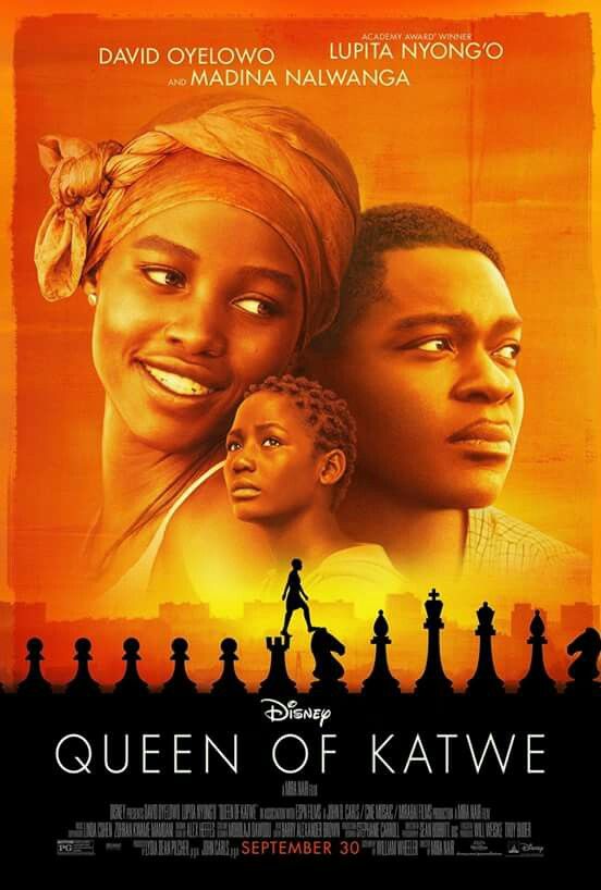 the queen of katwe movie poster with two people standing in front of chess pieces