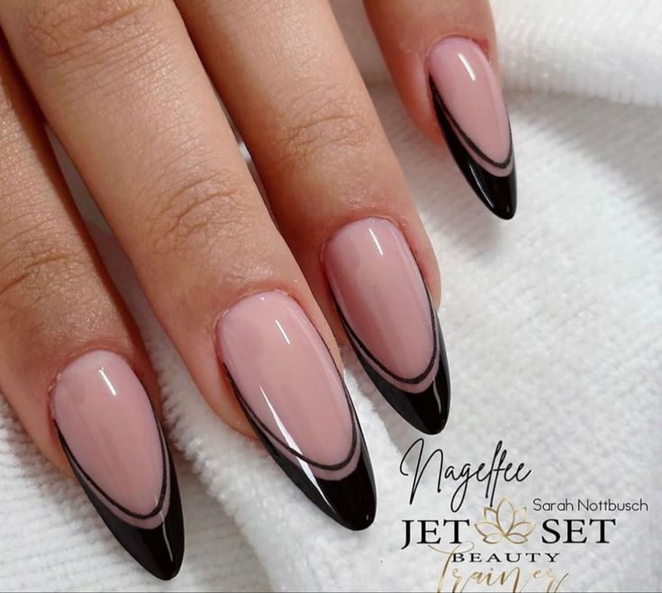 Black And Nude Nails, Oval Acrylic Nails, Black French Nails, Formal Nails, Boho Nails, Wow Nails, Nude Nail Designs, Black Nail Designs, Work Nails