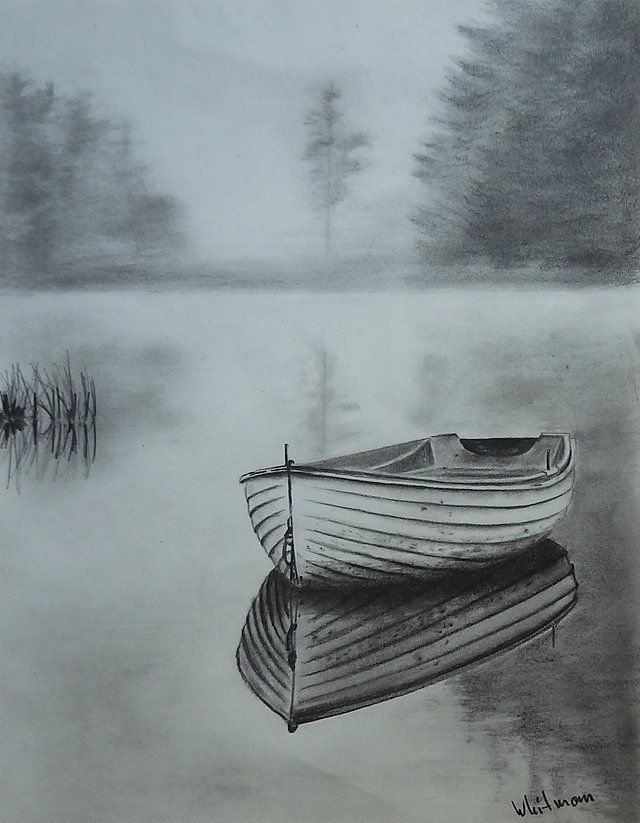 a pencil drawing of a boat on the water with trees in the background and foggy sky