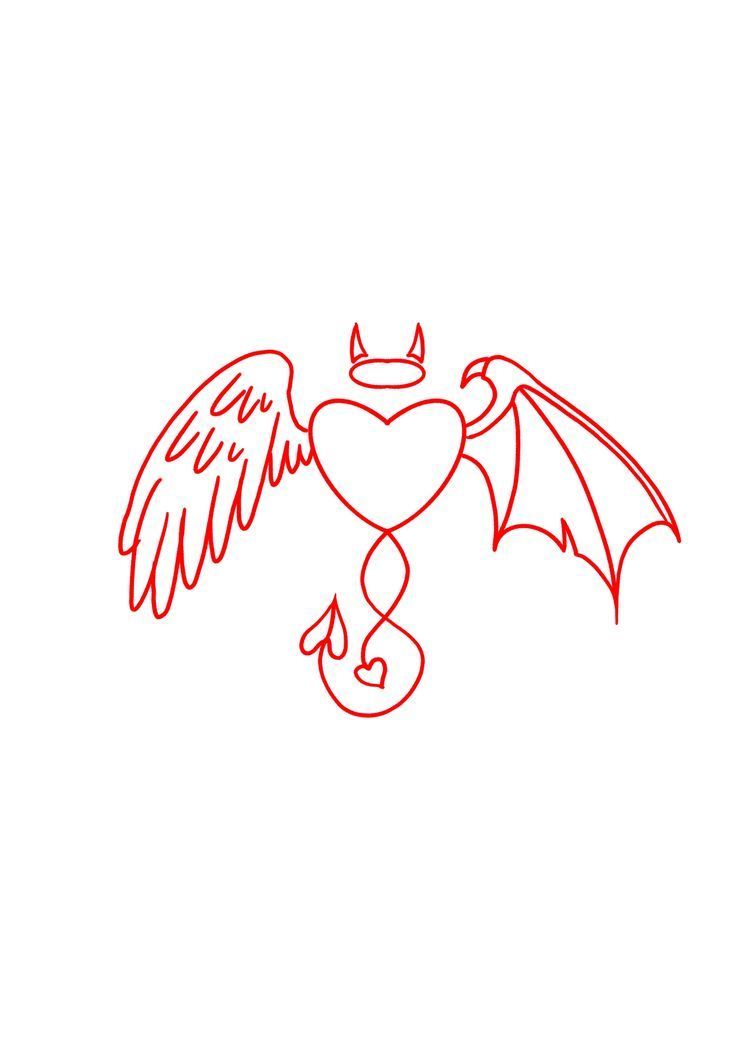 a red line drawing of an angel with wings and a heart in the shape of a crown