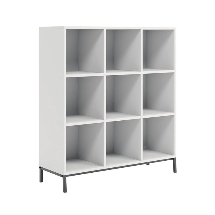 a white bookcase with six shelves on each side and four black legs, against a white background