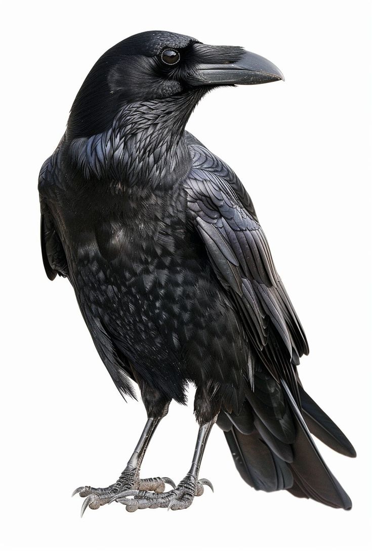 a large black bird standing on top of a white ground