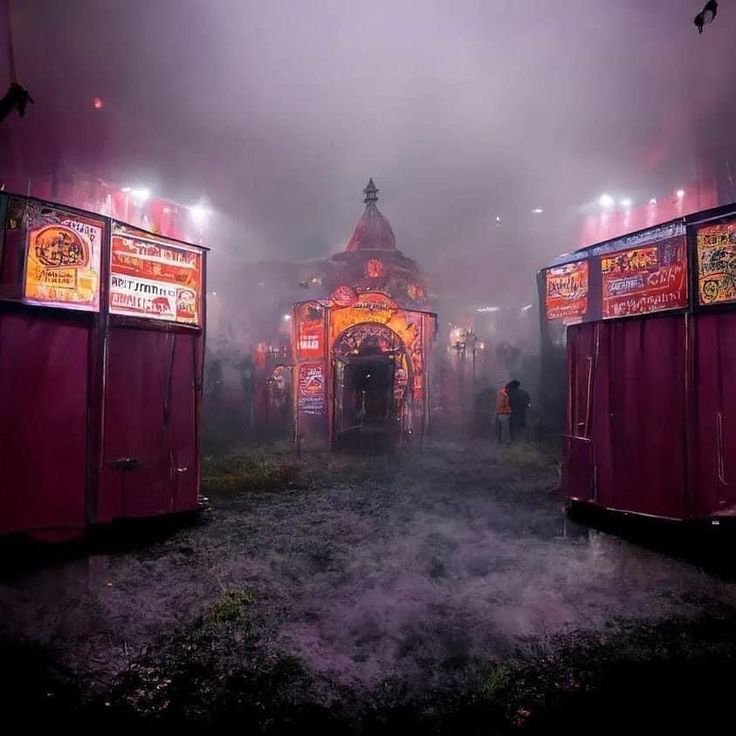 two red booths in the middle of a foggy area with people standing around them