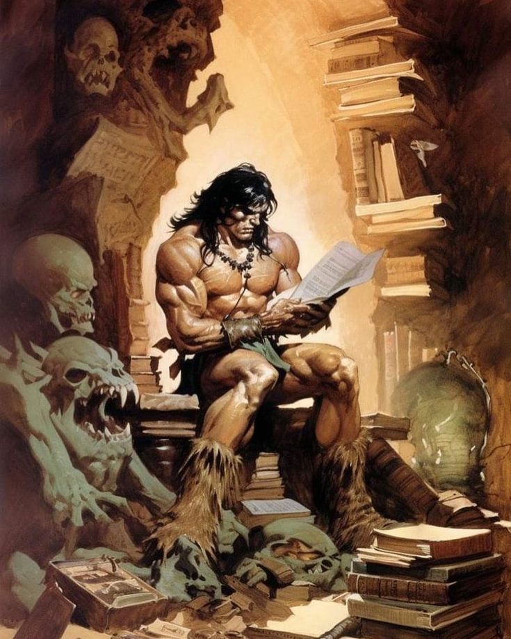 a man sitting on top of a chair next to a pile of books and skulls