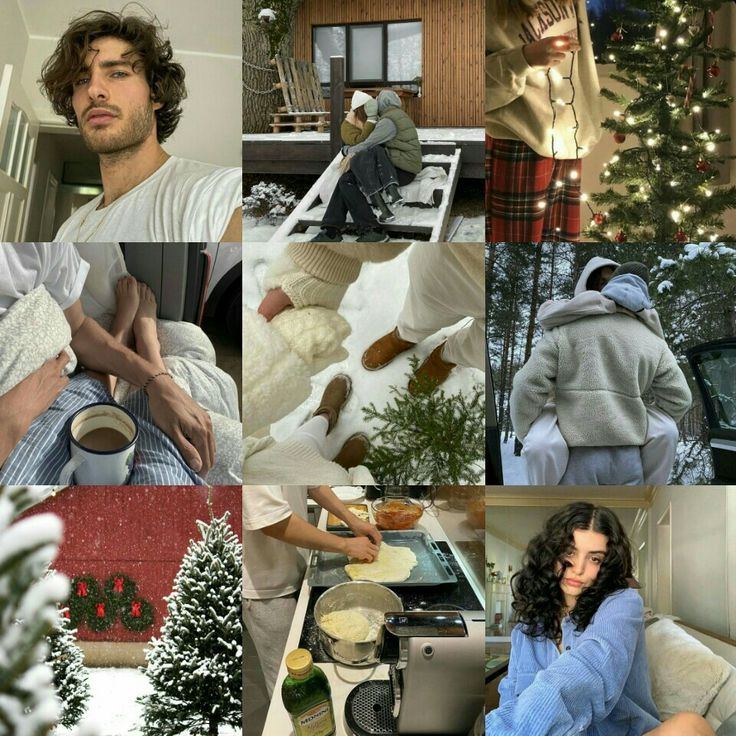 a collage of photos with people in the snow and food on the table, trees, and other things