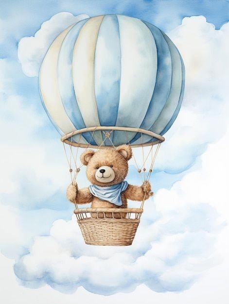 a painting of a teddy bear flying in a hot air balloon with a blue and white stripe