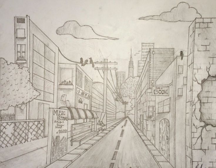 a pencil drawing of a city street with buildings and birds flying over the building tops