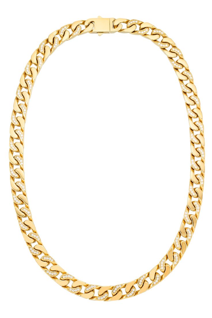 Men's Bold Cuban Link Necklace With Fine Simulated Diamonds In Gold Tone IP Over Stainless Steel Luxury Formal Yellow Gold Cuban Link Necklace, Luxury Yellow Gold Cuban Link Necklace, Luxury Tarnish-resistant Cuban Link Necklace For Men, Gold-plated Yellow Gold Cuban Link Necklace, Luxury Gold-plated Cuban Link Necklace For Gift, Ice Necklace, Cuban Link Necklace, Black Men Fashion Swag, Cuban Link