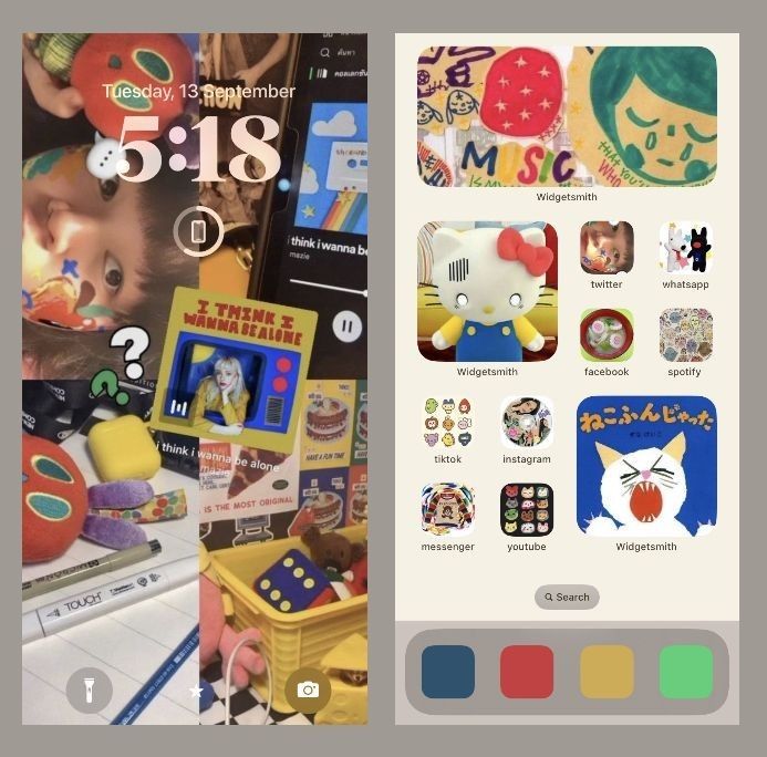 an iphone screen with various stickers on it, and the same image in color