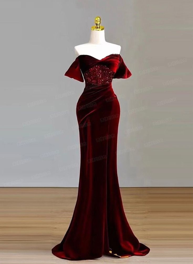 Vintage Inspired Off Shoulder Gothic Burgundy Beaded Velvet Formal Dress With High Slit - Plus Size - WonderlandByLilian Crimson Velvet Dress, Off The Shoulder Burgundy Dress, Dark Velvet Dress, Sweetheart Neckline Dress Formal, Red Gothic Bridesmaid Dresses, Vampire Formal Dress, Old Hollywood Red Dress, Dress With Beads Design, Red Vintage Prom Dress